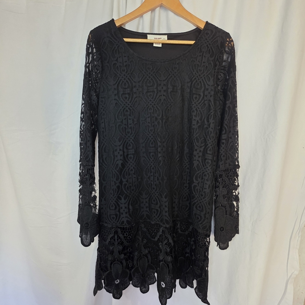 Sans Souci Black Lace Long Sleeve Shift Mini Dress Size XL Cocktail Party Goth